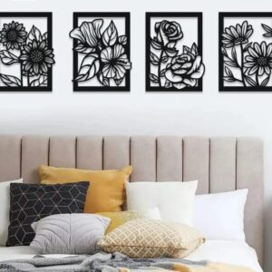 Set of 4 Floral Wall Art Panels – Modern Wooden Wall Decor for Bedroom and Living Room