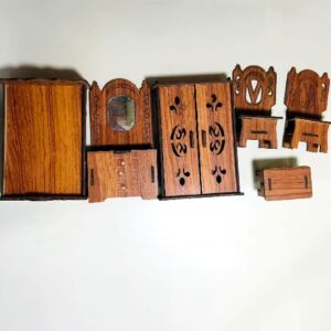 Mini Wooden Dollhouse Furniture Set – Handmade Bedroom Set for Kids & Collectors