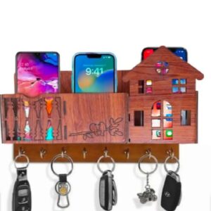 Handcrafted Wooden Key Holder & Mobile Stand – Multi-Purpose Wall Organizer for Home & Office